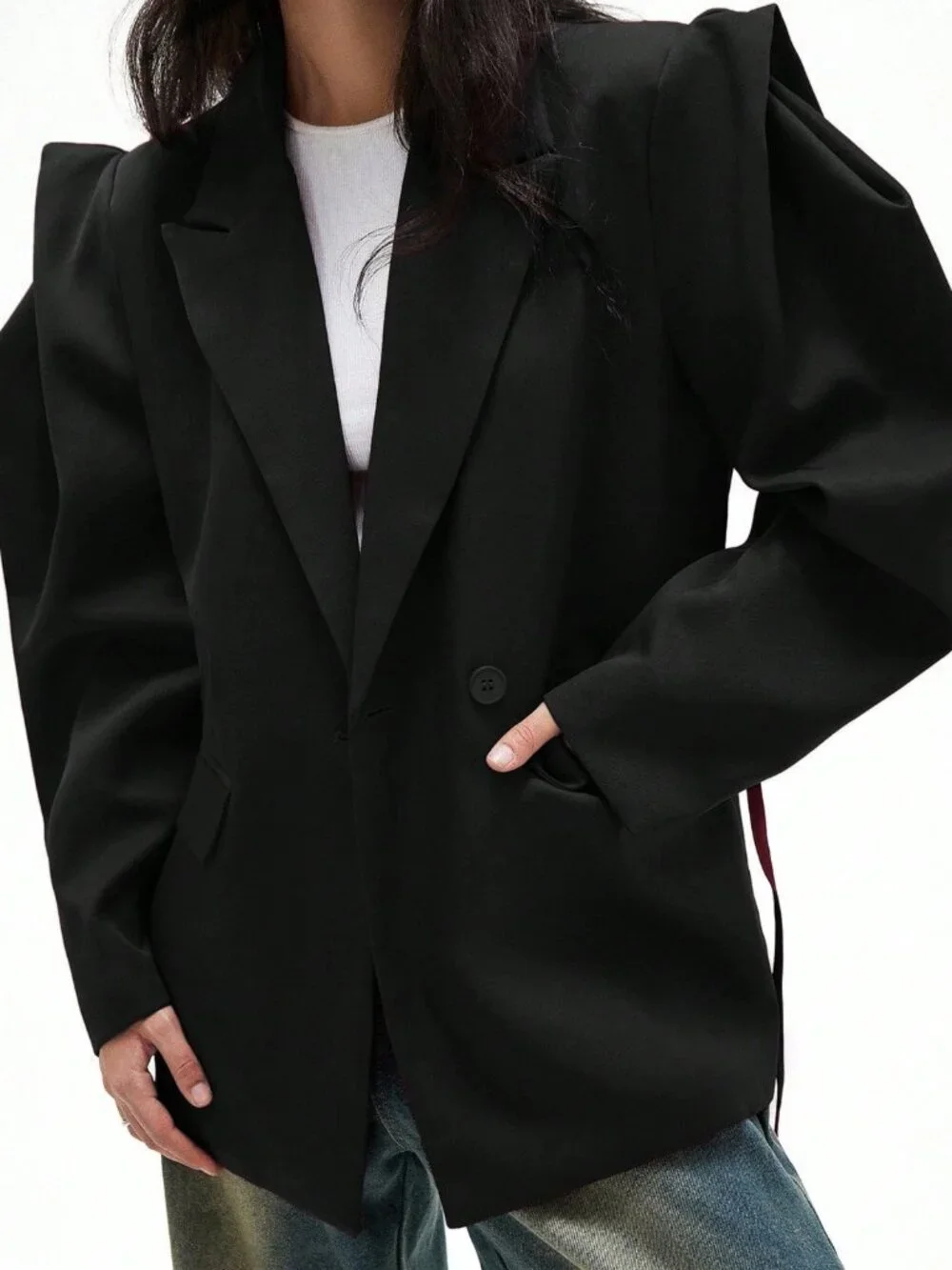 Black Casual Women's Loose Fit Wide-Shoulder Cinched Waist Blazer